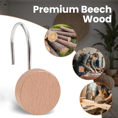 Wood Shower Curtain Hooks Rust Proof, Boho Shower Curtain Hooks Decorative, 12 Pack Shower Hooks for Shower Curtain, Shower Curtain Hangers Hooks (Wood,12)