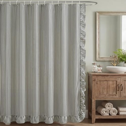 HunnmingRe Black and White Striped Shower Curtain with Ruffled 72 x 72 Inch Farmhouse Faux Linen Vintage Rustic Boho Stripe Shower Curtain with 12 Hooks for Bathroom Bathtubs Natural Decor