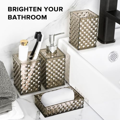 RYTOXILO Brown Bathroom Accessories Set, 4 Pack Acrylic Bath Accessory Sets Complete, Diamond Soap Dispenser and Toothbrush Holder Bathroom Counter Sink Set, Boho Modern Bathroom Decor