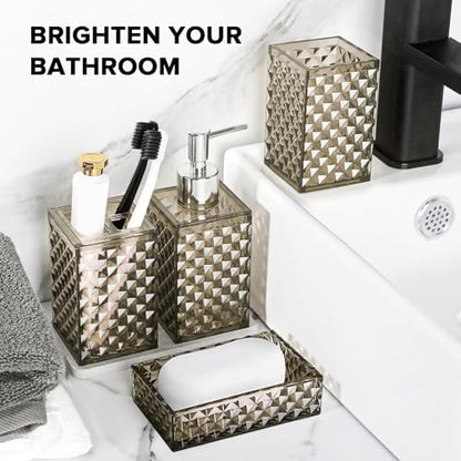 RYTOXILO Brown Bathroom Accessories Set, 4 Pack Acrylic Bath Accessory Sets Complete, Diamond Soap Dispenser and Toothbrush Holder Bathroom Counter Sink Set, Boho Modern Bathroom Decor