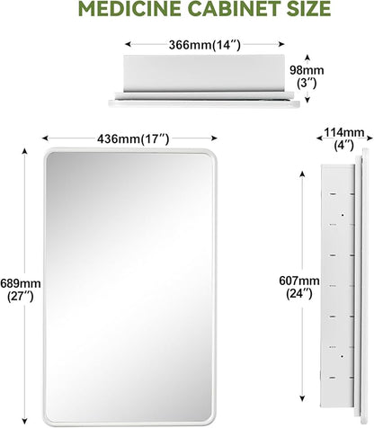 17 x 27 White Bathroom Medicine Cabinet with Mirror Metal Frame Recessed Or Wall Mounted Single Door Storage Medicine Cabinets with Adjustable Shelves Rounded Corner Beveled Mirrors