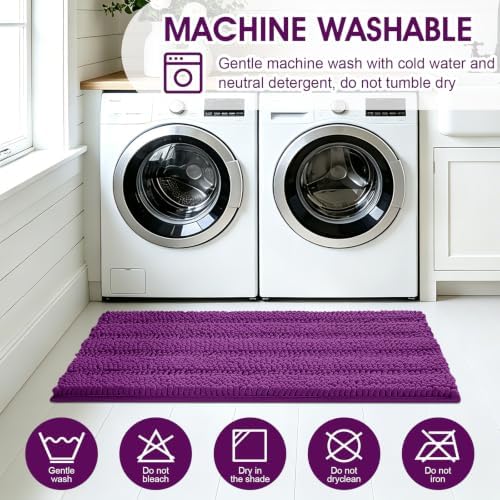 ACCUMTEK Striped Purple Bathroom Rug Set 3 Pieces Ultra Soft, Non Slip Chenille Toilet Mat, Absorbent Plush Shaggy Bath Mats for Bathroom, Bedroom, Kitchen