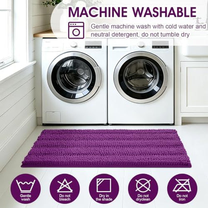 ACCUMTEK Striped Purple Bathroom Rug Set 3 Pieces Ultra Soft, Non Slip Chenille Toilet Mat, Absorbent Plush Shaggy Bath Mats for Bathroom, Bedroom, Kitchen