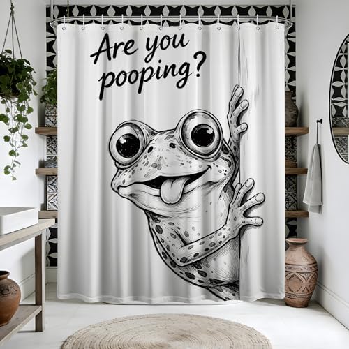 Funny Frog Shower Curtain are You Pooping Fun Cute Shower Curtains for Bathroom Decor Sets, Waterproof Cloth Fabric with Hooks, 70 x 72 Inch