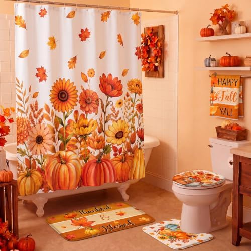 Honoson 8 Pcs Fall Shower Curtain Set, Autumn Thanksgiving Bathroom Set