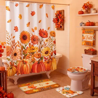 Honoson 8 Pcs Fall Shower Curtain Set, Autumn Thanksgiving Bathroom Set