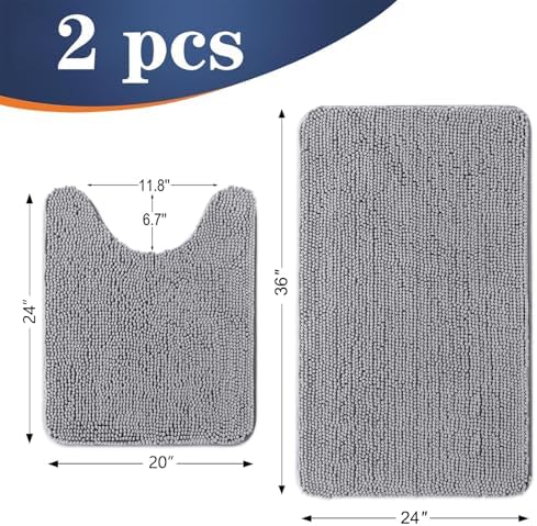 OLANLY Chenille Bathroom Rugs Mats Sets 2 Piece, 36"x24"+24"x20", Grey