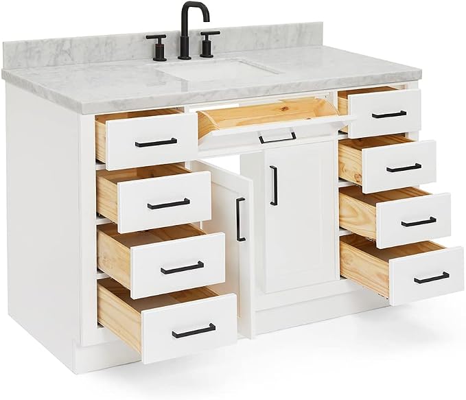 DKB Isabella 54" White Single Bathroom Vanity with Sink, 1.5" Italian Carrara Marble Countertop, Rectangular Undermount Sink, 2 Soft Closing Doors, 8 Dovetail Drawers, 1 Tilt Drawer