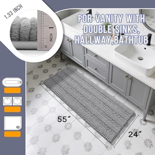 Yimobra Bathroom Runner Rugs 55"x24", Non Slip and Absorbent Bath Mat, Super Soft Water Absorbent Hallway Carpet, Machine Washable Rug for Vanity Tub Shower, Gray