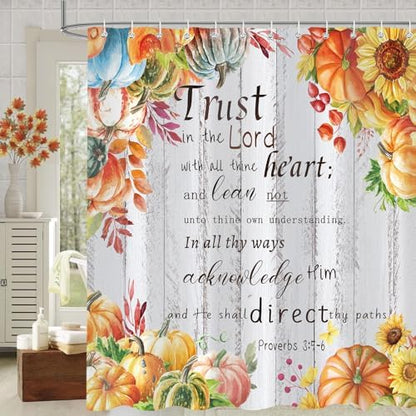 Fall Pumpkins Shower Curtain, Autumn Thanksgiving Harvest Motivational Inspirational Quotes Bathroom Bathtubs Decor, Waterproof Polyester Fabric Bathroom Curtain with Hooks 72x72 in