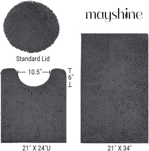 Standard 3pc Set Chenille Bath Mats, Includes 21"x24" U-Shaped Contour Toilet Rug, 21"x34" Inches Bathmat and 1 Toilet Lid Cover, Plush Absorbent Bath Mats Quick Dry, Charcoal Gray