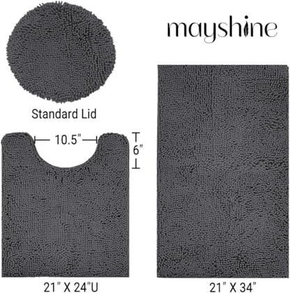 Standard 3pc Set Chenille Bath Mats, Includes 21"x24" U-Shaped Contour Toilet Rug, 21"x34" Inches Bathmat and 1 Toilet Lid Cover, Plush Absorbent Bath Mats Quick Dry, Charcoal Gray