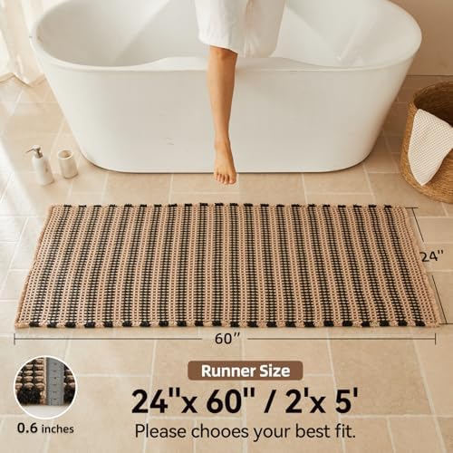 Triohero Waffle Runner Rug Bathroom, Long Boho Bath Mat 24x60 Khaki & Black