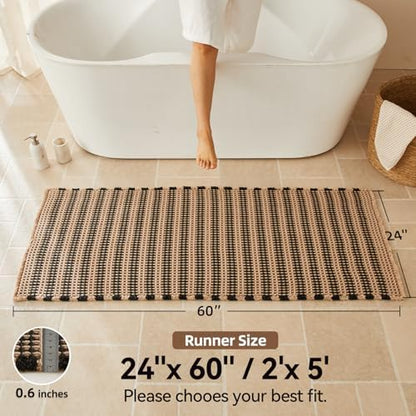 Triohero Waffle Runner Rug Bathroom, Long Boho Bath Mat 24x60 Khaki & Black