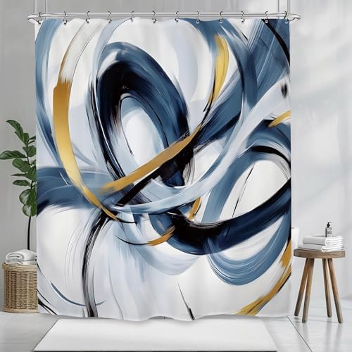 Abstract Navy Blue Shower Curtain 60Wx72L Inch Modern Neutral Minimalist Contemporary Art Bathroom Set Accessories Decor with 12 Pack Hooks