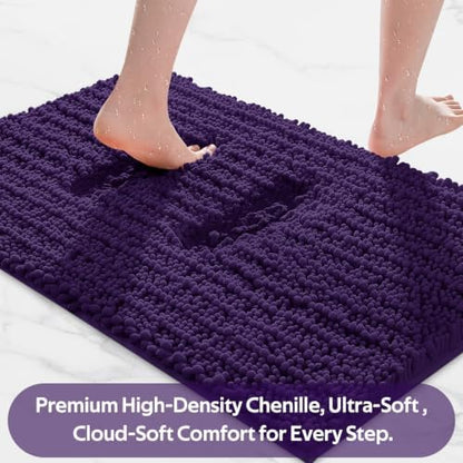 ACCUMTEK Upgrade Extra Large Dark Purple Bathroom Rug Set 3 Pieces Ultra Soft, Thick Absorbent Bath Mats, Non Slip Chenille Toilet Mat for Bathroom, Bedroom, Kitchen, Egglant