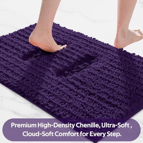 ACCUMTEK Upgrade Luxury 2 Piece Dark Purple Toilet Bathroom Rug Mat 48"x20"+24"x17", Ultra Soft Thick Absorbent Bath Mats, Non Slip Chenille Toilet Mat for Bathroom, Bedroom, Kitchen, Shower, Tub