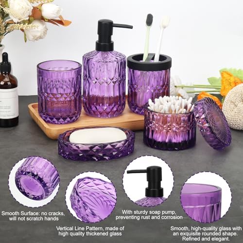 Bathroom Accessories Set, 5Pcs Bathroom Soap Dispenser Set, Glass Bathroom Accessories with Glass Soap Dispenser, Soap Dish, Toothbrush Holder, Tumbler, Cotton Swab Jar (Purple)
