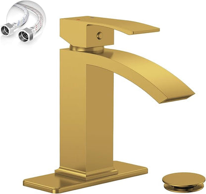 Brushed Gold Waterfall Bathroom Faucet for 1 or 3 Holes, Brass | Single Handle Bathroom Sink Faucets for Lavatory Commercial Vanity, Basin Taps with Deck Plate, Pop Up Drain and Supply Line