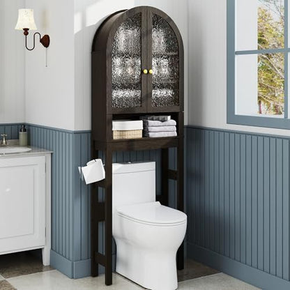 HMstone Over The Toilet Storage Cabinet, Arched Bathroom Organizer and Storage with Acrylic Doors and Adjustable Shelf, Space Saver Freestanding Bathroom Modern Storage Cabinet Over Toilet Dark Brown