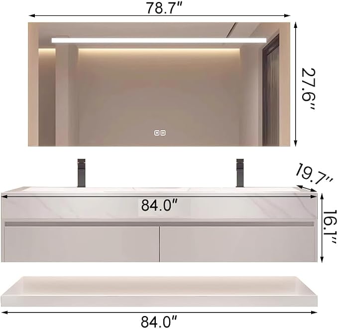 84" Bathroom Vanity with Sink, Double Sink Bathroom Vanity with Smart LED Defog Mirror Cabinet, Ceramic Sink Waterproof Wall Mounted Floating, Soft Closing, Fully Pre-Assembled, Ample Storage