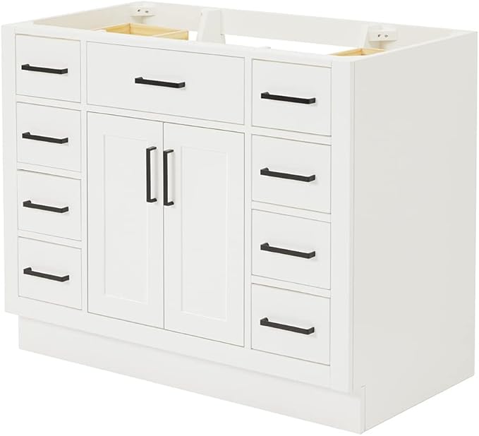 ARIEL Hepburn 42-inch Bathroom Vanity Base Cabinet,Solid Wood, 2 Soft Closing Doors, 9 Dovetail Drawers, White