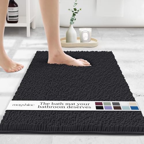 MAYSHINE Small Plush Shaggy Chenille Bath Mat 23"x14"| Extra Soft, Super Absorbent, Non-Slip Bathroom Rug | Fluffy Microfiber, Area Rug Sets for Bathroom Floor, Kitchen, Living Room |Black