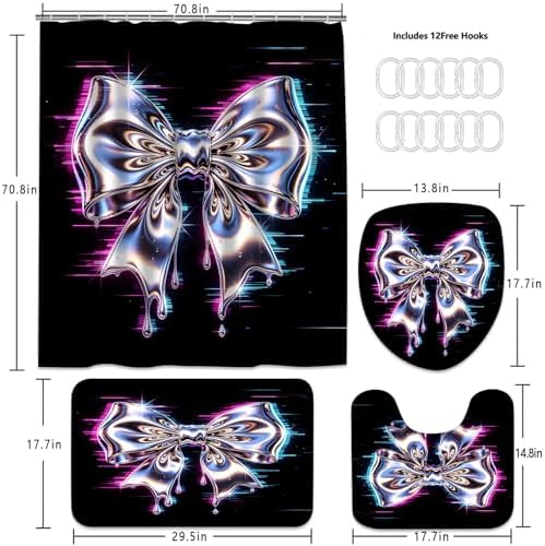 AZHM 4pcs Laser Bow Bathroom Shower Curtain Set with Rugs and Accessories
