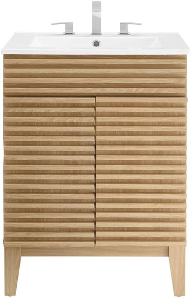 Modway Render Vanity Floor, 24 Inch, Oak/White Sink