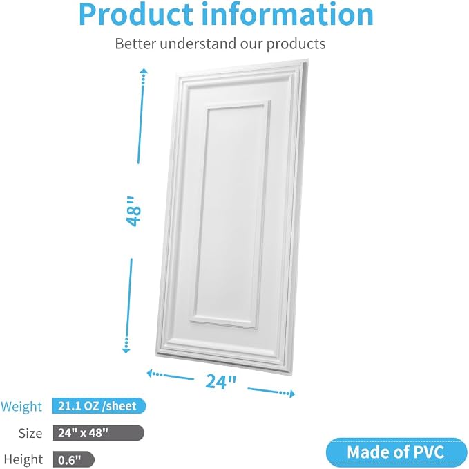 Art3d Drop Ceiling Tiles, 24x48in. White (12-Pack), Polyvinyl Chloride (PVC), Glue Down | Lightweight, Waterproof, No Sag and Breakage, Compatible with Grid System, Perfect for Basement, Kitchen