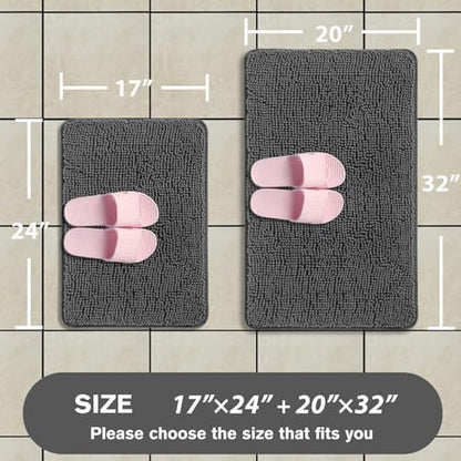 Gray Bathroom Rugs Sets 2 Piece – Absorbent and Washable Bath Mat, Non-Slip, Thick Soft Chenille Bath Rugs for Bathroom Floor, Shower, Sink - 17" x 24"+20" x 32"