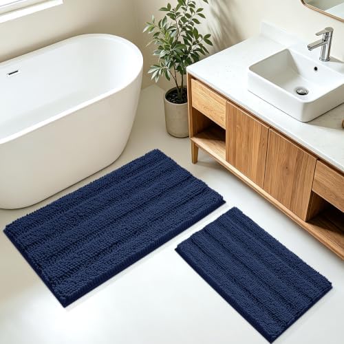 ACCUMTEK Striped Navy Blue Bathroom Rug Mat Set 2 piece 32"x20"+24"x17" Ultra Soft, Non Slip Chenille Bath Rugs, Absorbent Plush Shaggy Bath Mats for Bathroom, Bedroom, Kitchen, Shower, Tub