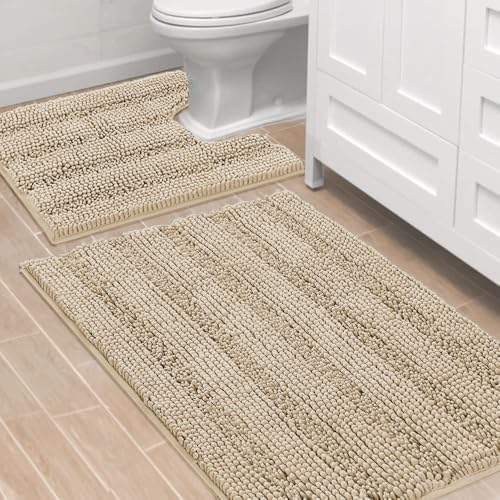 H.VERSAILTEX Bathroom Rug Sets 2 Piece Bath Mats Non Slip Thick Soft Chenille Striped Bath Rug achine Washable Shower Floor Rugs for Tub, Shower and Floor (Fog, 36"x24" Plus 20"x24" U)