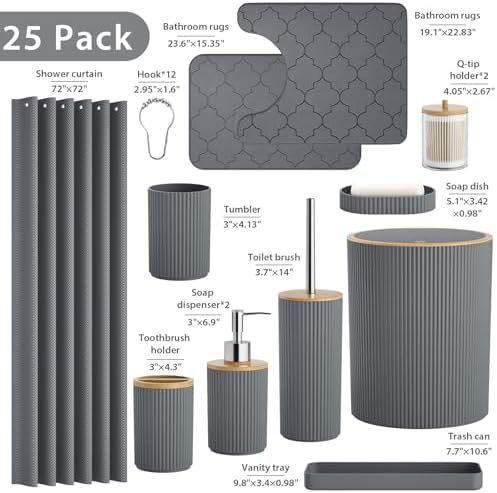 Gray Bathroom Accessories Set with Shower Curtain and Rugs