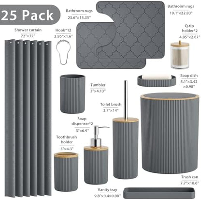 Gray Bathroom Accessories Set with Shower Curtain and Rugs