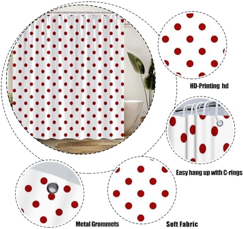 Polka Dot Shower Curtain Red White Retro Spot Vintage Fabric Decorative Bathroom Curtains with Hooks,75" Wx70 H