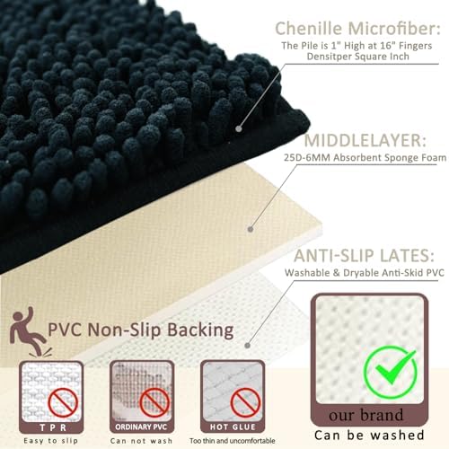 Bathroom Rugs Sets 3 Piece Non Slip,Bath Rugs with PVC Backing Bath Carpet,Bathroom Rug Washable,Absorbent,Plush Carpet Mats,Bath Mats for Bedroom, Kitchen,Tub,Home Decor (Black)