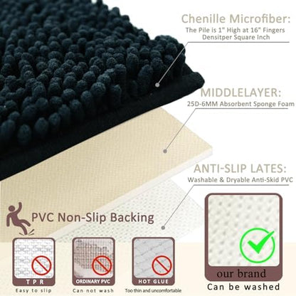 Bathroom Rugs Sets 3 Piece Non Slip,Bath Rugs with PVC Backing Bath Carpet,Bathroom Rug Washable,Absorbent,Plush Carpet Mats,Bath Mats for Bedroom, Kitchen,Tub,Home Decor (Black)