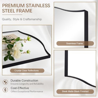 ANDY STAR 24"x36" Black Bathroom Mirror, Rectangle Scalloped Wall Mirror in Stainless Steel Metal Frame, Modern Matte Black Finish with Curved Edge Design, Wall-Mount Vertically or Horizontally