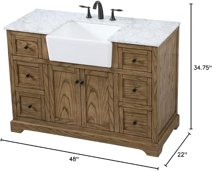 48" Pre-Assembled Bathroom Vanity with Sink, Solid Birch and MDF, Carrara White Marble Countertop Attached, Single Rectangle Porcelain Sink, 6 Soft-Close Drawers, Driftwood