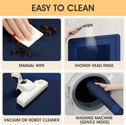 ACCUMTEK Non Slip Bath Mat, Thin Bathroom Rugs Fit Under Door, Quick Dry Bath Mats, Machine Washable Bath Rugs for Bathroom, Bathtub & Kitchen, Bathtub, Dark Blue/Bordered/32 x20