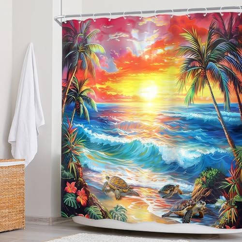 Ocean Summer Beach Tropical Leaf Hawaiian Bathroom Shower Curtain Set