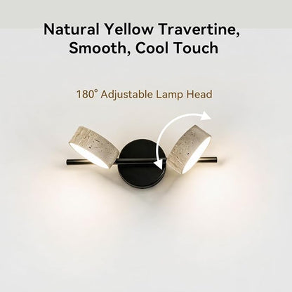 Led Bathroom Lighting Fixtures Over Mirror with 2 Travertine Shades,Vanity Lights Wall Lamp, 180° Rotatable Stone Lampshades Bathroom Lights, Modern Farmhouse Stone Sconces Black