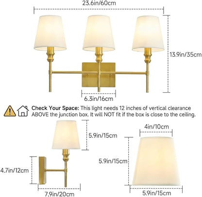 Bathroom Light Fixtures,23.6 IN Bathroom Vanity Lights Over Mirror，3-Light Antique Brass Vintage Wall Sconce With Flared White Fabric Lampshade For Bedroom,Living Room,Foyer,Hardwired,E12 Base