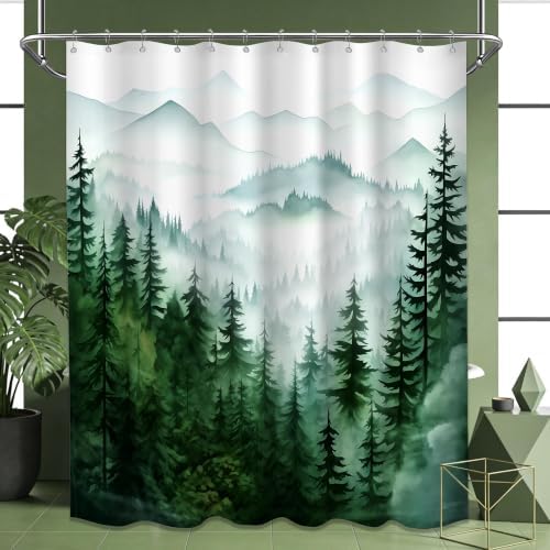 Dark Green and White Extra Long Shower Curtain, Tall 72X84 in, Forest