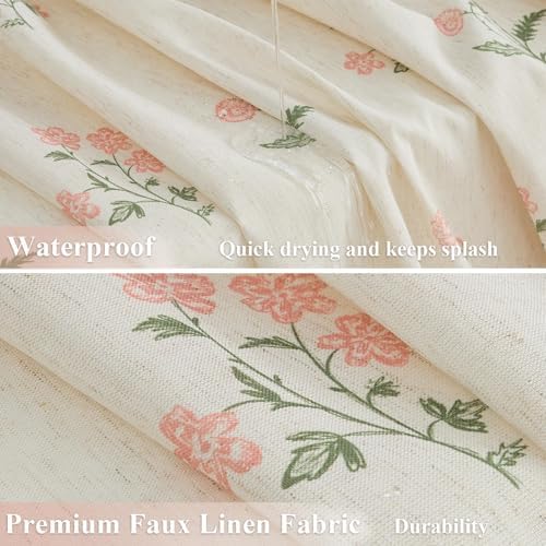 ORTIGIA Linen Shower Curtain 72 W x 84 L Farmhouse Vintage Pink Green Floral Shower Curtains Boho Rustic Block Print Cottagecore Decor for Bathroom