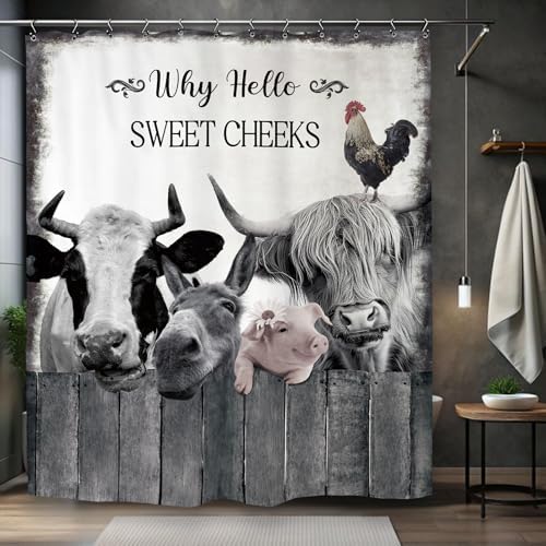 Farmhouse Animal Farm Funny Shower Curtain 60Wx72L Inch Bull Cow Pig Donkey Rustic Country Bathroom Set Accessories Decor Polyester Waterproof with 12 Pack Hooks