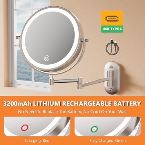 Auxmir 1X/30X Wall Mounted Makeup Mirror, 8" Rechargeable Magnifying Mirror