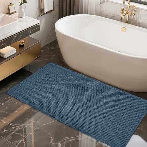 ZALL Blue Waffle Bath Mat,Super Absorbent Non Slip Bathroom Rug, 24x48inch, Machine Washable Ultra Soft Floor Mats