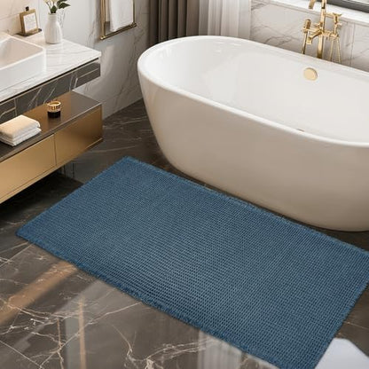 ZALL Blue Waffle Bath Mat,Super Absorbent Non Slip Bathroom Rug, 24x48inch, Machine Washable Ultra Soft Floor Mats